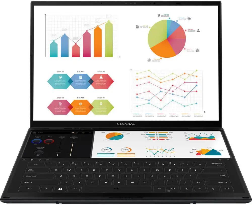 ASUS Zenbook DUO Dual Screen UX8406M Laptop, 14" 3K OLED 120Hz Touch Display, Intel Core Ultra 9 185H, 32GB RAM, 1TB SSD, Intel Arc Graphics, ENG K/B, Win 11, Gray | 90NB12U1 - M000D0 - Vektra Computers LLC