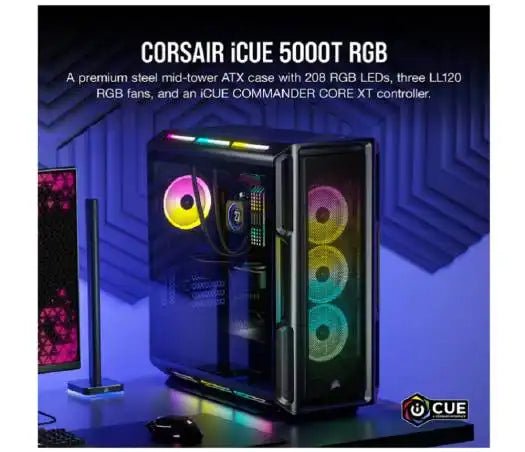 Corsair iCUE 5000T RGB Mid Tower ATX PC Case, Tempered Glass, 360mm Radiator, 3x120mm Fan Included, 7 + 2 Vertical Expansion Slots, Black | CC - 9011230 - WW - Vektra Computers LLC