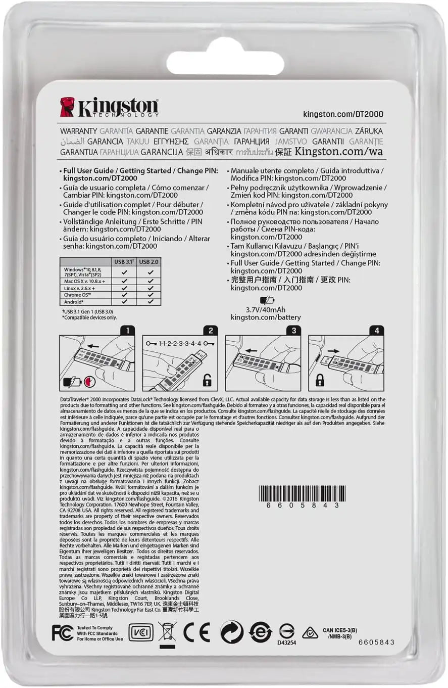 Kingston 8GB Keypad USB 3.0 DT2000, 256bit AES Hardware Encrypted DataTraveler 2000 Flash Drive | DT2000/8GB - Vektra Computers LLC