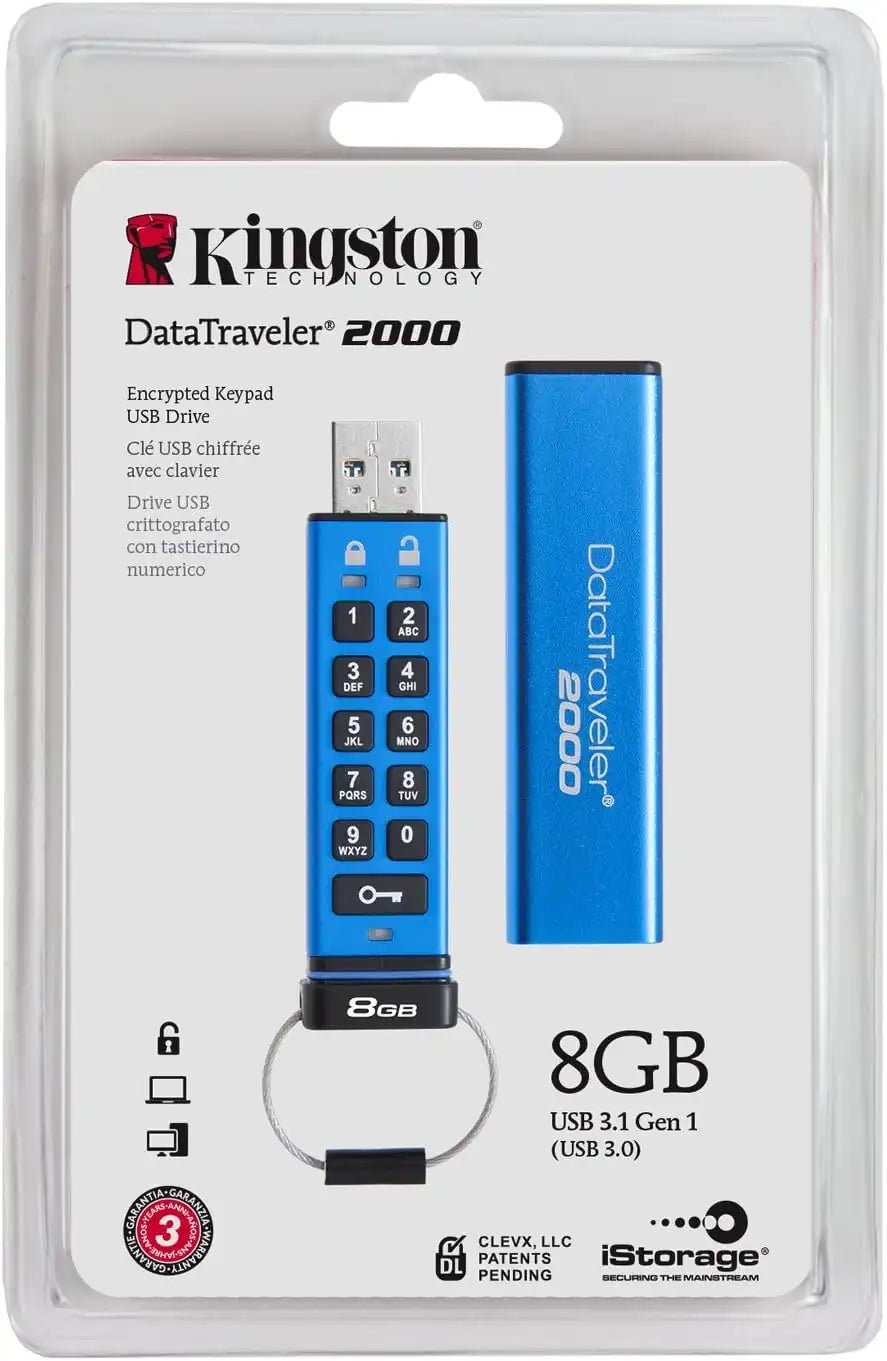 Kingston 8GB Keypad USB 3.0 DT2000, 256bit AES Hardware Encrypted DataTraveler 2000 Flash Drive | DT2000/8GB - Vektra Computers LLC